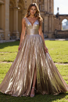 Load image into Gallery viewer, Golden Metallic V-Neck A Line Long Formal Dress with Slit