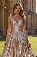 Load image into Gallery viewer, Golden Metallic V-Neck A Line Long Formal Dress with Slit