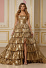 Load image into Gallery viewer, Sparkly Golden Metallic A Line Tiered Long Formal Dress with Slit