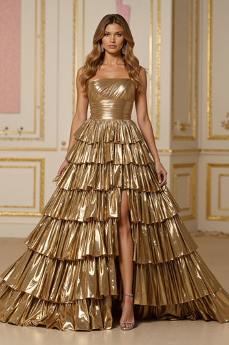 Sparkly Golden Metallic A Line Tiered Long Formal Dress with Slit