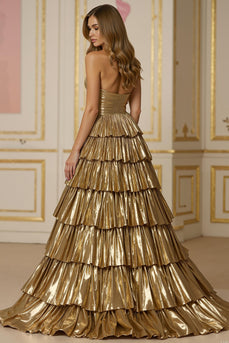 Sparkly Golden Metallic A Line Tiered Long Formal Dress with Slit
