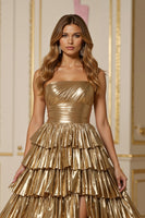 Load image into Gallery viewer, Sparkly Golden Metallic A Line Tiered Long Formal Dress with Slit
