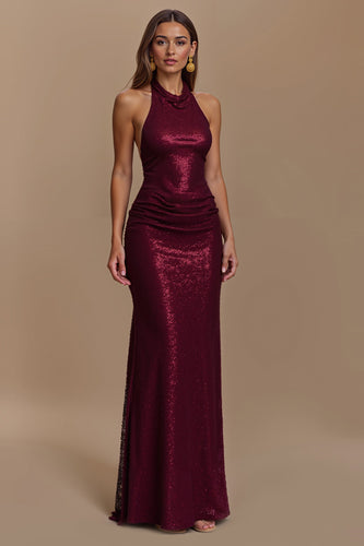 Glitter Burgundy Mermaid Ruched Halter Long Formal Dress