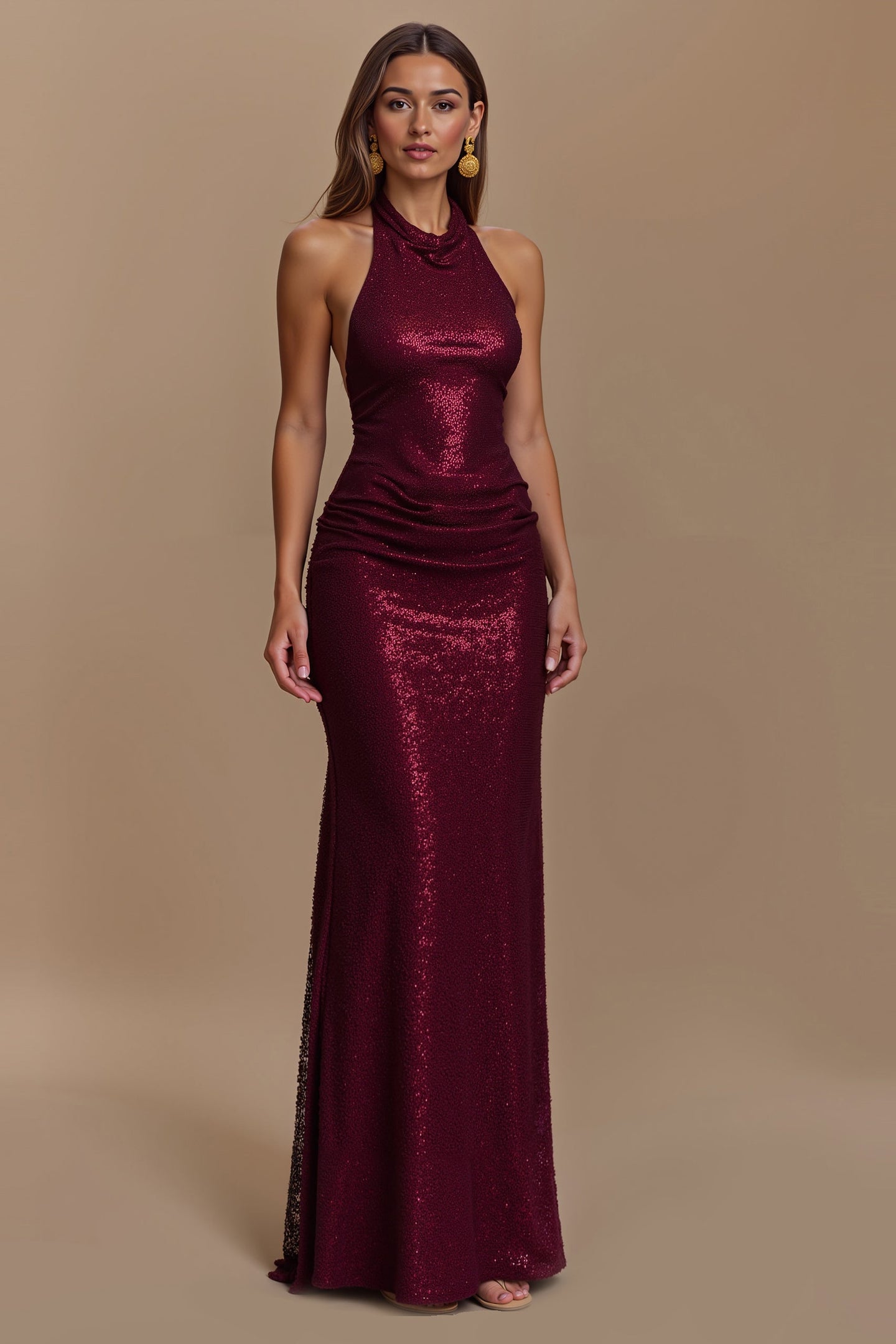 Glitter Burgundy Mermaid Ruched Halter Long Formal Dress