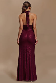 Glitter Burgundy Mermaid Ruched Halter Long Formal Dress