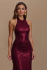 Load image into Gallery viewer, Glitter Burgundy Mermaid Ruched Halter Long Formal Dress