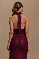 Load image into Gallery viewer, Glitter Burgundy Mermaid Ruched Halter Long Formal Dress