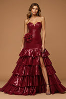 Load image into Gallery viewer, Burgundy Metallic Sweetheart Tiered Long Formal Dress with Slit