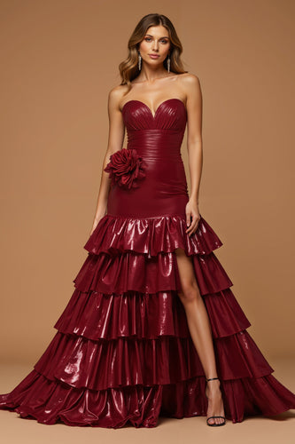 Burgundy Metallic Sweetheart Tiered Long Formal Dress with Slit