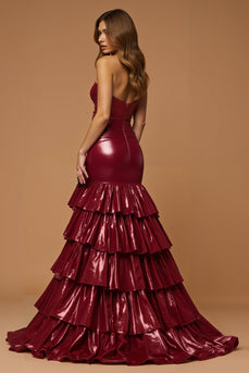 Burgundy Metallic Sweetheart Tiered Long Formal Dress with Slit