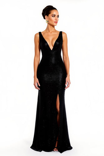 Sparkly Black V-Neck Mermaid Long Formal Dress with Slit