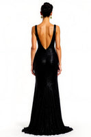Load image into Gallery viewer, Sparkly Black V-Neck Mermaid Long Formal Dress with Slit