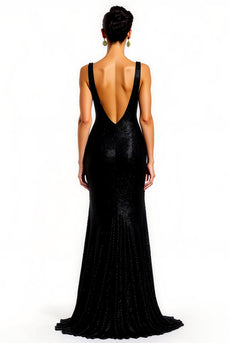 Sparkly Black V-Neck Mermaid Long Formal Dress with Slit