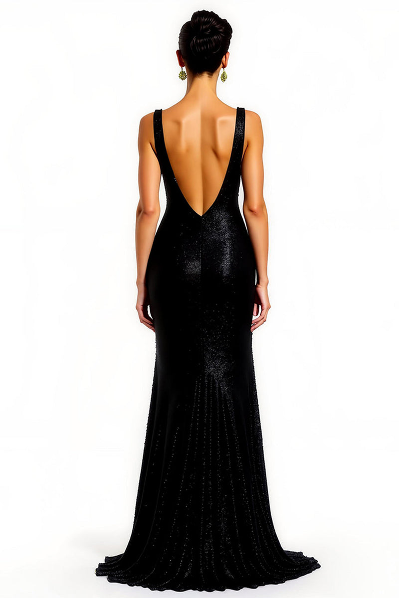 Load image into Gallery viewer, Sparkly Black V-Neck Mermaid Long Formal Dress with Slit