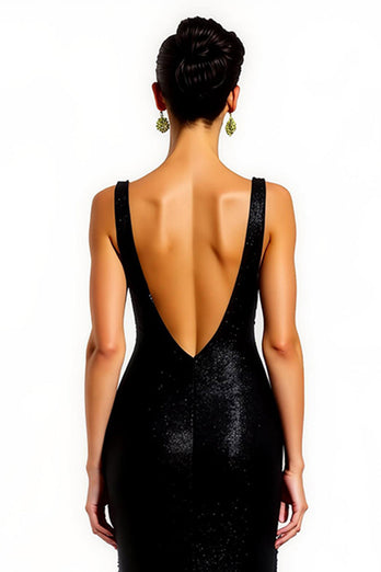 Sparkly Black V-Neck Mermaid Long Formal Dress with Slit