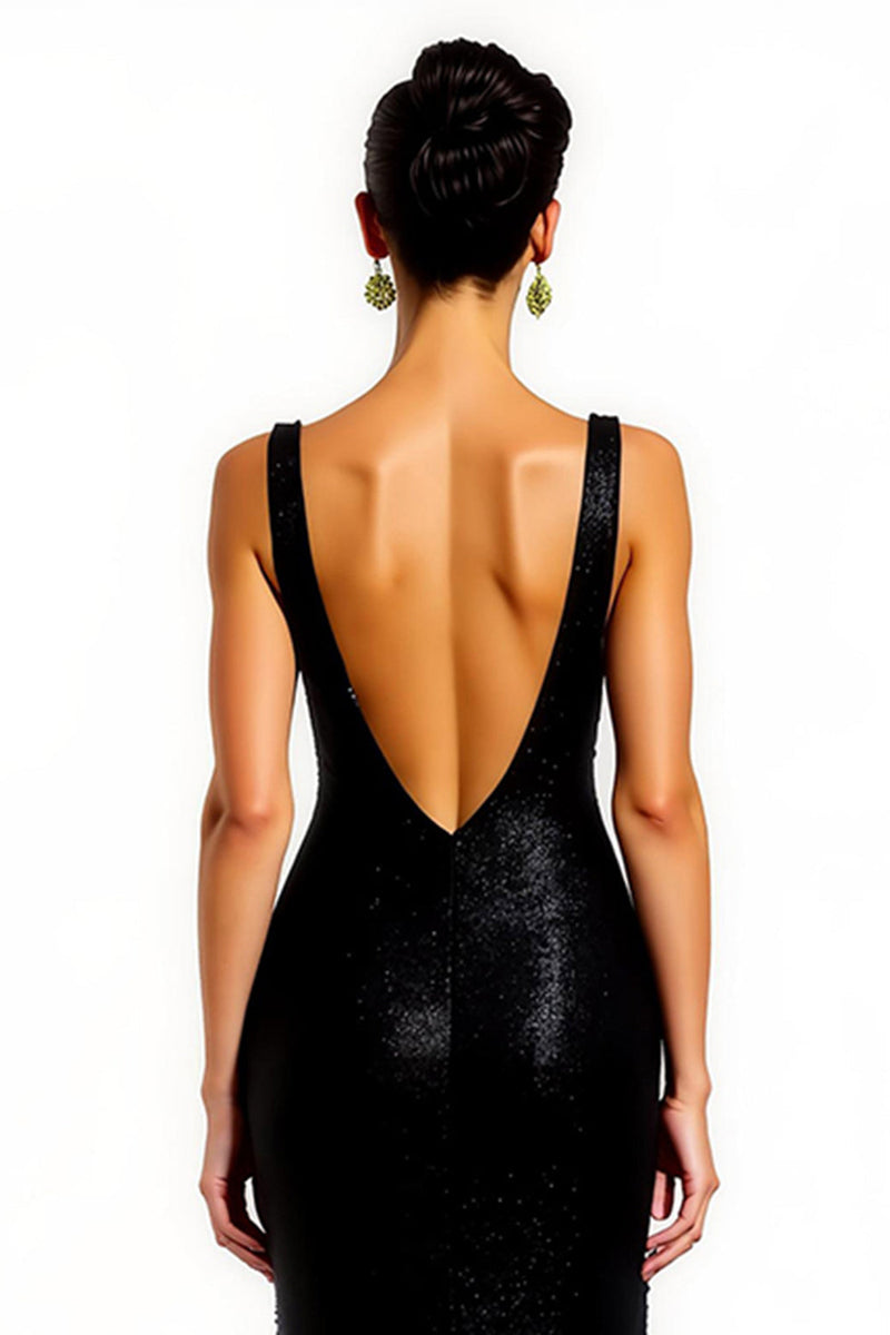 Load image into Gallery viewer, Sparkly Black V-Neck Mermaid Long Formal Dress with Slit