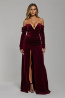 Load image into Gallery viewer, Burgundy Velvet Off the Shoulder Long Sheath Formal Dress with Slit