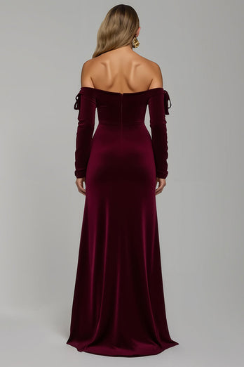 Burgundy Velvet Off the Shoulder Long Sheath Formal Dress with Slit