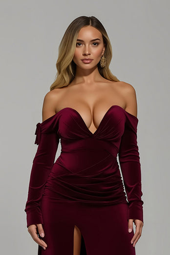 Burgundy Velvet Off the Shoulder Long Sheath Formal Dress with Slit