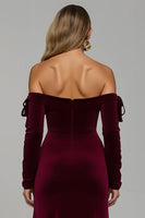 Load image into Gallery viewer, Burgundy Velvet Off the Shoulder Long Sheath Formal Dress with Slit