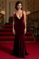 Load image into Gallery viewer, Burgundy Spaghetti Straps Mermaid Velvet Long Formal Dress