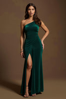 Load image into Gallery viewer, Dark Green Velvet One Shoulder Mermaid Long Formal Dress