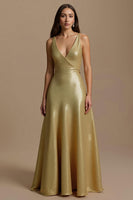 Load image into Gallery viewer, Sparkly Golden A Line V-Neck Long Formal Dress