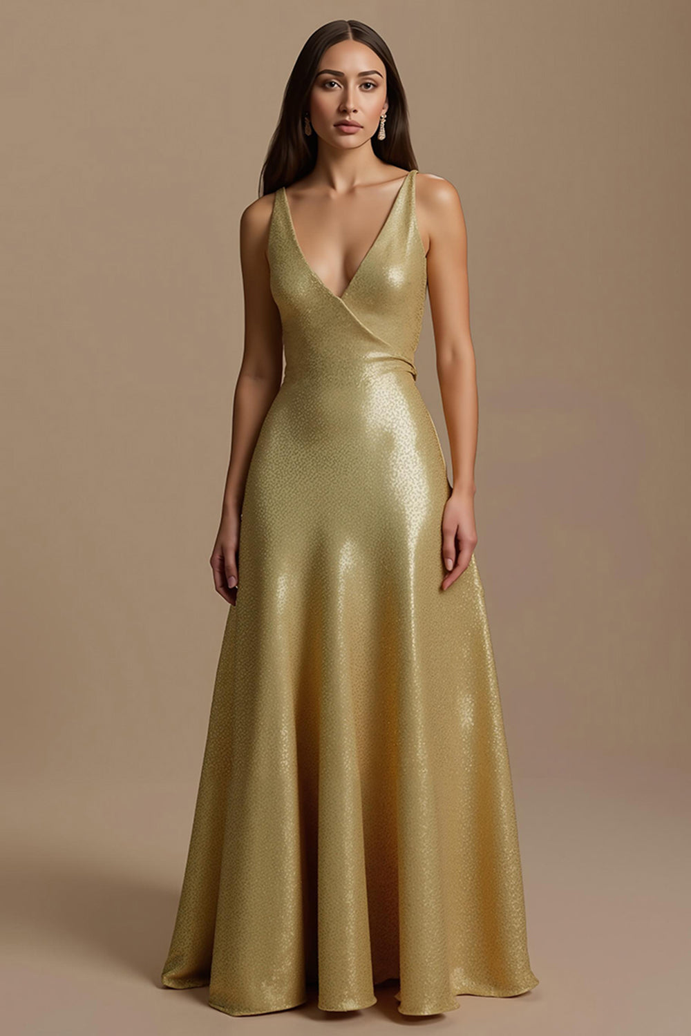 Sparkly Golden A Line V-Neck Long Formal Dress