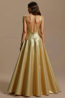 Load image into Gallery viewer, Sparkly Golden A Line V-Neck Long Formal Dress