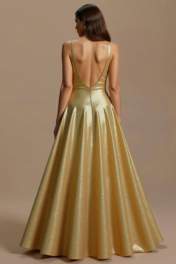 Sparkly Golden A Line V-Neck Long Formal Dress