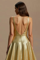 Load image into Gallery viewer, Sparkly Golden A Line V-Neck Long Formal Dress