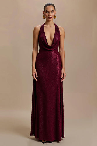 Sparkly Burgundy Sequin V-Neck Sheath Long Formal Dress