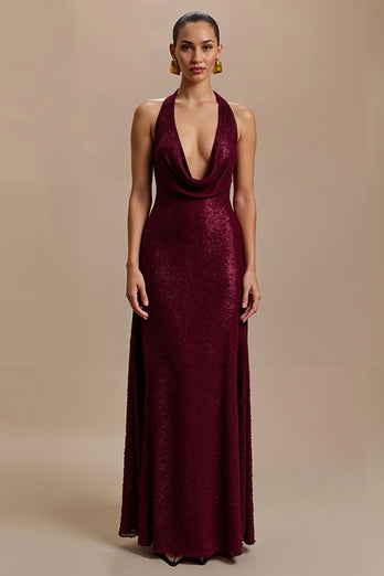 Sparkly Burgundy Sequin V-Neck Sheath Long Formal Dress
