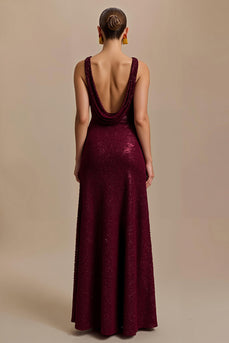 Sparkly Burgundy Sequin V-Neck Sheath Long Formal Dress