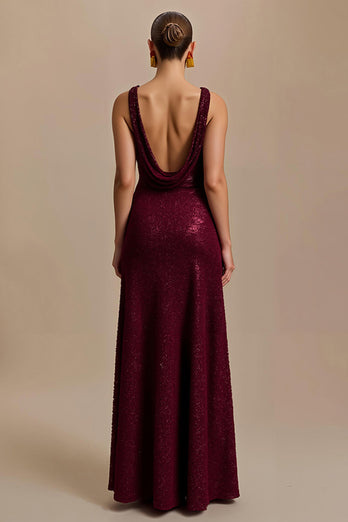 Sparkly Burgundy Sequin V-Neck Sheath Long Formal Dress