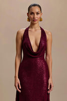 Load image into Gallery viewer, Sparkly Burgundy Sequin V-Neck Sheath Long Formal Dress