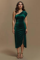 Load image into Gallery viewer, Dark Green Velvet One Shoulder Long Sheath Formal Dress