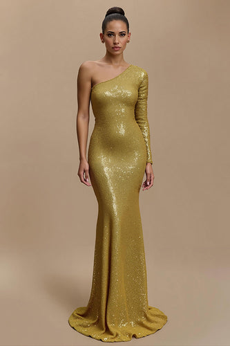 Sparkly Golden Sequin Mermaid Long Formal Dress with Sleeves