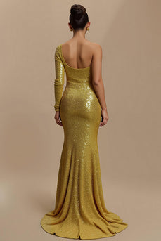 Sparkly Golden Sequin Mermaid Long Formal Dress with Sleeves