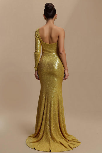 Sparkly Golden Sequin Mermaid Long Formal Dress with Sleeves