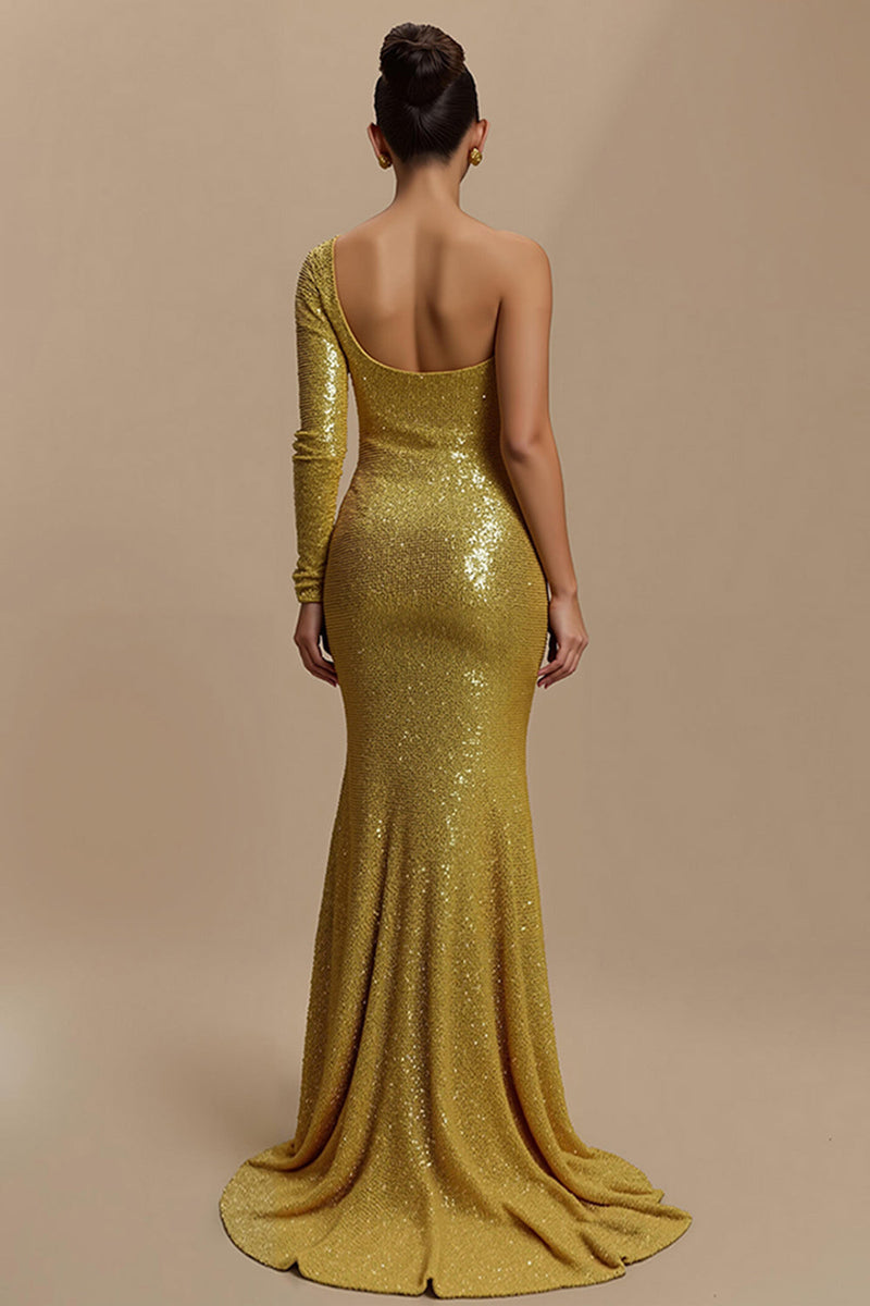 Load image into Gallery viewer, Sparkly Golden Sequin Mermaid Long Formal Dress with Sleeves