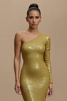 Load image into Gallery viewer, Sparkly Golden Sequin Mermaid Long Formal Dress with Sleeves