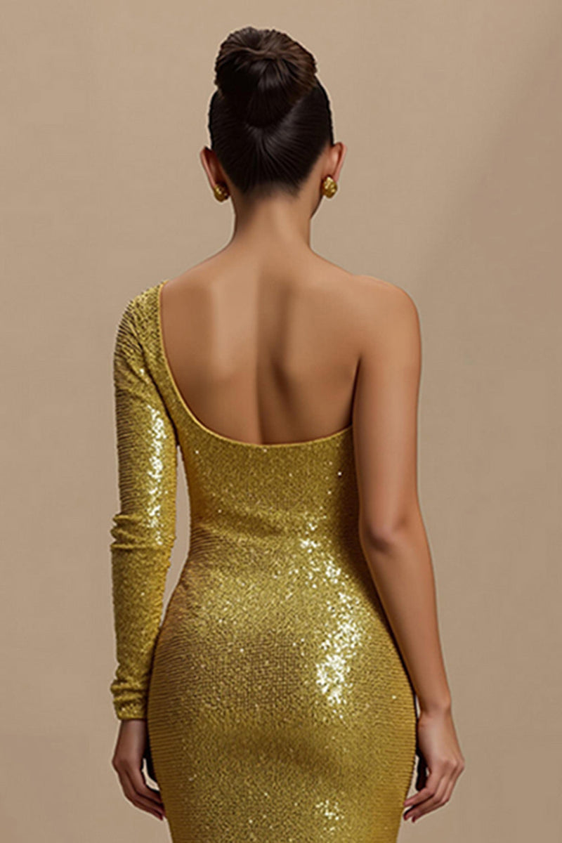 Load image into Gallery viewer, Sparkly Golden Sequin Mermaid Long Formal Dress with Sleeves