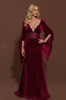 Load image into Gallery viewer, Burgundy Velvet V-Neck Mermaid Long Formal Dress with Sleeves