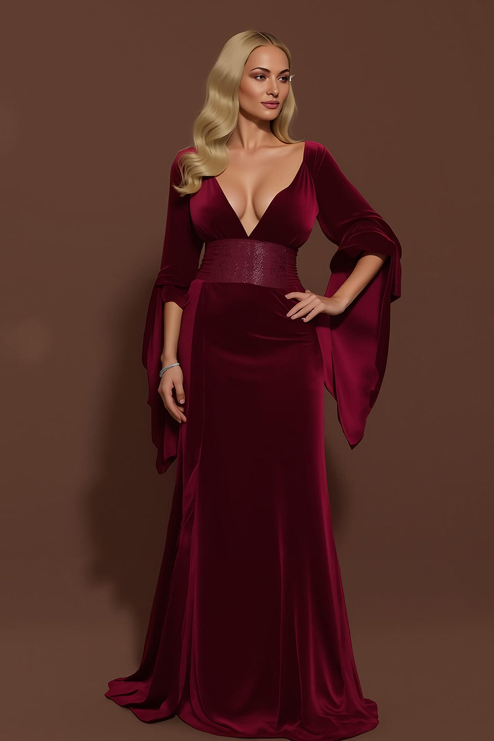 Burgundy Velvet V-Neck Mermaid Long Formal Dress with Sleeves