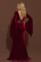 Load image into Gallery viewer, Burgundy Velvet V-Neck Mermaid Long Formal Dress with Sleeves