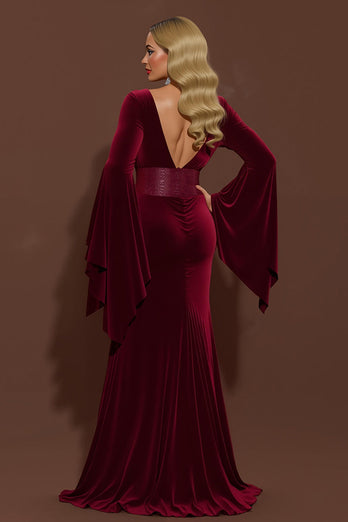 Burgundy Velvet V-Neck Mermaid Long Formal Dress with Sleeves