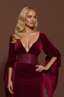 Load image into Gallery viewer, Burgundy Velvet V-Neck Mermaid Long Formal Dress with Sleeves