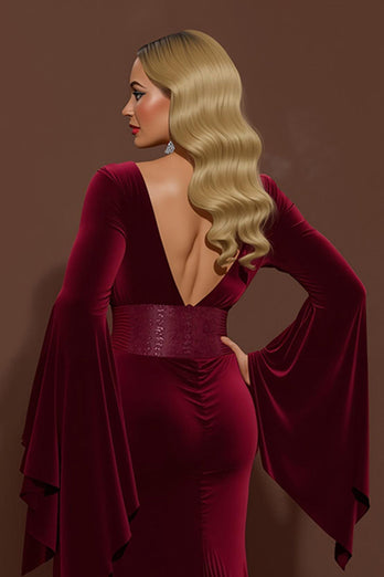 Burgundy Velvet V-Neck Mermaid Long Formal Dress with Sleeves