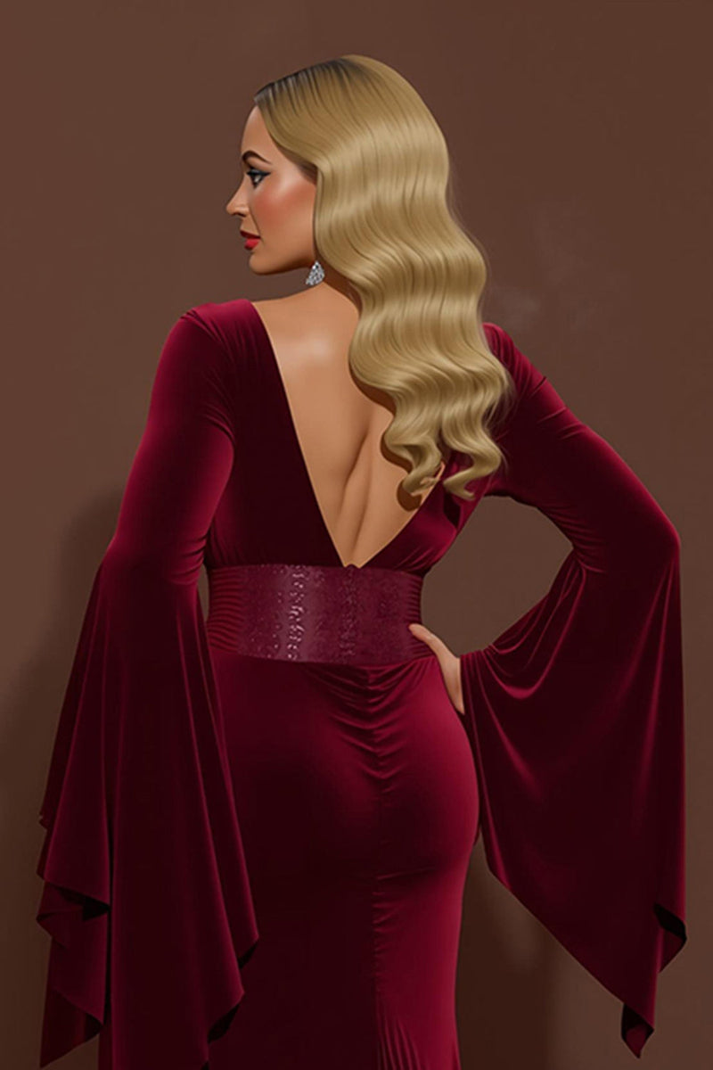 Load image into Gallery viewer, Burgundy Velvet V-Neck Mermaid Long Formal Dress with Sleeves